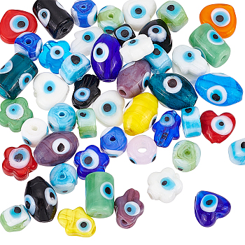 Elite Handmade Evil Eye Lampwork Beads, Mixed Shapes, Mixed Color, 10~16x10~14x5~11mm, Hole: 1.2~2.5mm, 50pcs/box