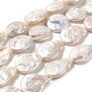 Natural Baroque Pearl Keshi Pearl Beads Strands, Cultured Freshwater Pearl, Grade 3A, Flat Round, Old Lace, 21~30x19~20x4.5~8mm, Hole: 0.7mm, about 15pcs/strand, 15.55~15.87''(39.5~40.3cm)
