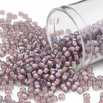 TOHO 8/0 Round Beads, Japanese Seed Beads, (305) Inside Color Crystal/Blush Lined, 8/0, 3mm, Hole: 1mm, about 222pcs/10g