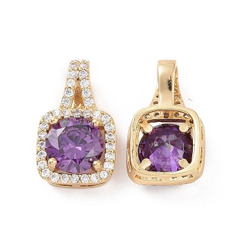 Brass Micro Pave Cubic Zirconia Pendants, Real 18K Gold Plated, Square Charms, Purple, 18x11x6mm, Hole: 6x3.5mm