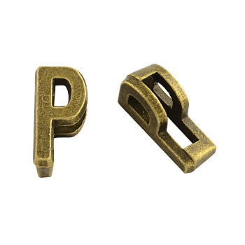 Tibetan Style Alloy Letter Slide Charms, Cadmium Free & Nickel Free & Lead Free, Letter.P, 11x2~8x4mm, Hole: 7x2mm, about 1135pcs/1000g