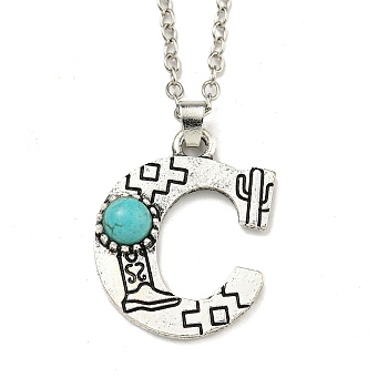 Letter A~Z Antique Silver Plated Alloy with Synthetic Turquoise Pendant Necklace, with Iron Cable Chains, Letter C, 18.70 inch(475mm), Letter C: 28x23mm