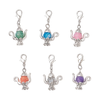 Teapot Natural Weathered Agate & Tibetan Style Alloy Pendant Decorations, with Lobster Claw Clasps, Antique Silver & Platinum, 32.5mm