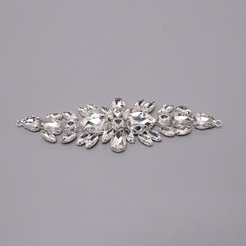 Brass Rhinestone Sewing Decorate, Wedding Theme, Dress Shoes Garment Decoration, Flower, Silver, 180x49x10mm, Hole: 4mm