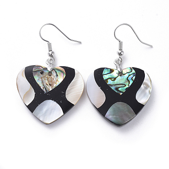 Black Lip Shell & Abalone Shell/Paua Shell Dangle Earrings, with Brass Ice Pick Pinch Bails and Earring Hooks, Heart, Platinum, 47mm, Pin: 0.7mm