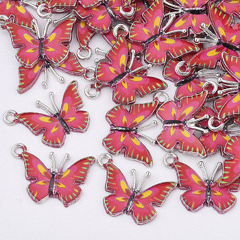 Printed Alloy Pendants, with Enamel, Butterfly, Platinum, Deep Pink, 14x20.5x1.5mm, Hole: 1.6mm