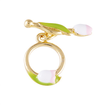 Brass Enamel Toggle Clasps, with Jump Rings, Real 18K Gold Plated, Nickel Free, Flower, Pearl Pink, 24.5mm, Flower: 20x5x2mm, hole: 1.8mm, Ring: 17.5x12x3.5mm, hole: 1.8mm