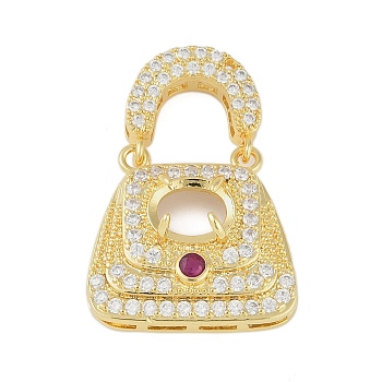 Brass Micro Pave Clear Cubic Zirconia Pendant Cabochon Settings, Handbag, Real 18K Gold Plated, Tray: 6x8mm, 33.5x23.5x8.5mm, Hole: 6.5x2.5mm