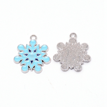 Alloy Enamel Pendants, Cadmium Free & Lead Free, Snowflake, Light Sky Blue, Platinum, 21x19x1.5mm, Hole: 1.6mm