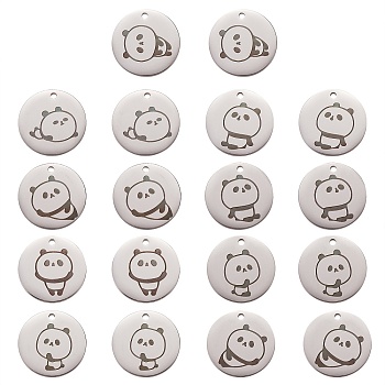 18Pcs 9 Style Stainless Steel Pendant, Flat Round with Panda, Stainless Steel Color, 20x1mm, Hole: 1.6mm, 2pcs/style