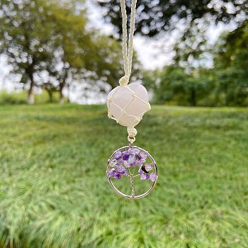 Heart Natural Rose Quartz Pendant Decoration, with Natural Amethyst Chips and Alloy Findings, Tree of Life, 130x30mm