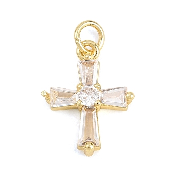 Brass Micro Pave Cubic Zirconia Pendants, Cross Charms, Cadmium Free & Lead Free, Real 18K Gold Plated, Clear, 16.5x13x4mm, Hole: 3.5mm