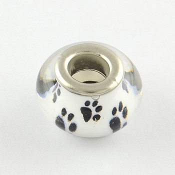 Large Hole Dog Paw Prints Pattern Resin European Beads, with Silver Color Plated Brass Double Cores, Rondelle, White, 14x9~10mm, Hole: 5mm