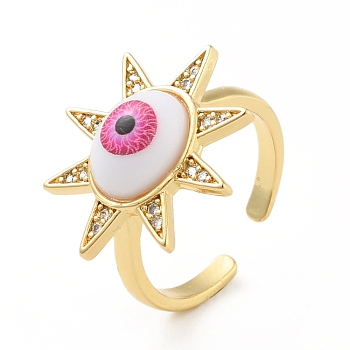 Cubic Zirconia Sun with Evil Eye Open Cuff Ring with Acrylic, Real 18K Gold Plated Brass Jewelry for Women, Cadmium Free & Lead Free, Hot Pink, US Size 6 1/4(16.7mm)