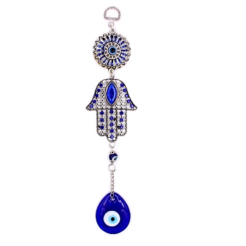 Lampwork Turkish Blue Teardrop with Evil Eye Pendant Decoration, with Alloy Rhinestone Hamsa Hand Link for Home Wall Hanging Ornament, Antique Silver, 270mm