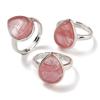 Cherry Quartz Glass Teardrop Adjustable Rings, Lead Free & Cadmium Free, Silver Plated Brass Finger Rings for Women Men, Teardrop: 18.5x14mm, Inner Diameter: 18mm