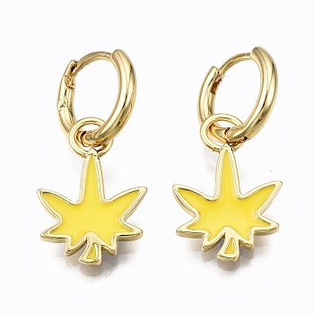 Brass Enamel Huggie Hoop Earrings, Nickel Free, Real 16K Gold Plated, Maple Leaf, Yellow, 27x13mm, Pin: 1mm