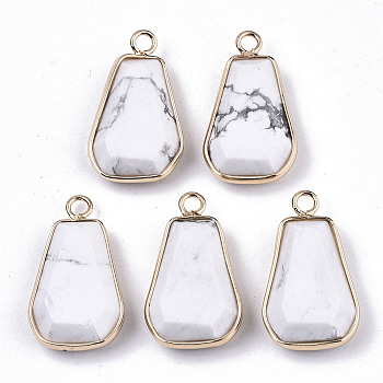 Natural Howlite Pendants, with Light Gold Plate Brass Edge and Loop, Trapezoid, Faceted, 25x14x6mm, Hole: 2mm