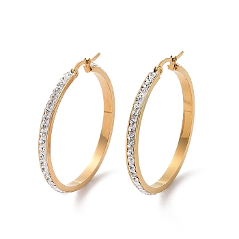 304 Stainless Steel Hoop Earrings, with Polymer Clay and Rhinestone, Ring, Golden, Crystal, 40x39x3.5mm