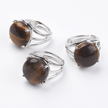 Adjustable Natural Tiger Eye Finger Rings, with Brass Findings, US Size 7 1/4(17.5mm)
