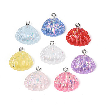 Transparent Resin Pendants, Shell Shape Charms, with Platinum Plated Iron Loops & Broken Glass Foils, Mixed Color, 20.5~22x20.5~21x6~6.5mm, Hole: 2mm