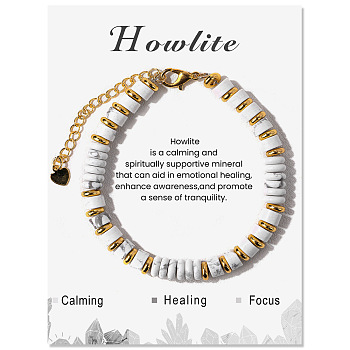 Adjustable Natural Howlite Bead Bracelets, Round Brass Bracelets for Women, 1/4 inch(0.6cm)