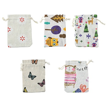 10Pcs 5 Styles Printed Polycotton(Polyester Cotton) Packing Pouches Drawstring Bags, Rectangle, Mixed Color, 14x10cm, 2pcs/style
