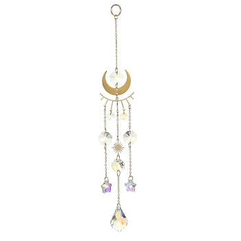 Glass Teardrop/Star Pendant Decorations, Hanging Suncatchers, with Brass Moon and Glass Octagon Link, for Home Decorations, Clear AB, 235x35x1~8mm