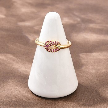 Brass Micro Pave Cubic Zirconia Finger Rings, Knot, Rack Plating, Long-Lasting Plated, Cadmium Free & Lead Free, Real 18K Gold Plated, Medium Violet Red, Inner Diameter: 18mm