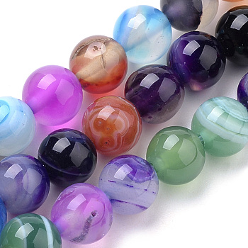 Natural Striped Agate/Banded Agate Beads Strands, Dyed, Round, Mixed Color, 6mm, Hole: 1mm, about 63pcs/strand, 14.96 inch