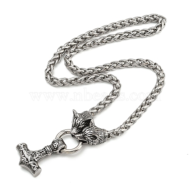 304 Collier avec pendentif en acier inoxydable en forme de tête de loup et de marteau de Thor Viking Mjolnir pour homme(NJEW-K278-05AS)-7