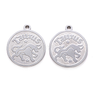 201 Stainless Steel Pendants, Flat Round with Twelve Constellation, Laser Cut, Stainless Steel Color, Taurus, 25x22x1.5mm, Hole: 2mm(STAS-R106-08)
