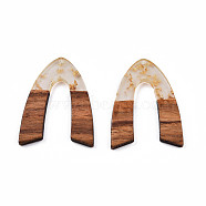 Transparent Resin & Walnut Wood Pendants, with Foil, V Shape Charm, Gold, 38x29x3mm, Hole: 2mm(RESI-N025-029-A01)