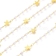 3.28 Feet Brass Star Links Chains, with White Round  CCB Plastic Beads, Soldered, Long-Lasting Plated, Golden, Link: 4x2.5x3mm and 2.5x1.7x0.3mm(X-CHC-H101-17G)