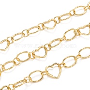 Alloy Links Chains, Long-Lasting Plated, Unwelded, Cadmium Free & Lead Free, Heart & Oval, with Spool, Golden, Heart: 20.5x21x2mm, Oval: 19.5x14x2.5mm, Ring: 10x1.5mm, about 32.8 Feet(10m)/roll(LCHA-H004-03G)