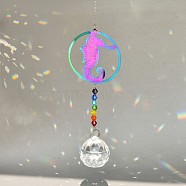 Glass Hanging Suncatcher Pendant Decoration, Crystal Ceiling Chandelier Ball Prism Pendants, with Stainless Steel Findings, Sea Horse Pattern, 280mm(DJEW-PW0008-01A)