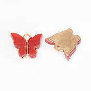 Acrylic Charms, with Alloy Findings, Butterfly, Golden, Red, 12.5x14.5x2.5mm, Hole: 1.5mm(YS-TAC0003-03B)