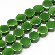 Handmade Porcelain Beads, Bright Glazed Porcelain, Flat Round, Green, 8~8.5x4~4.5mm, Hole: 2mm(PORC-S496-B06-8mm)