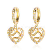 Brass Micro Pave Clear Cubic Zirconia Hoop Earrings, Hollow Heart with Snake Dangle Earrings for Women, Real 18K Gold Plated, 28x12mm(EJEW-OY001-12G)