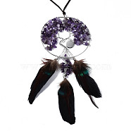 Natural Amethyst Big Pendants, Wire Wrapped Pendants, with Platinum Brass Wires Tree and Leather Cord,  Woven Net/Web with Feather, 590~595mm(G-T133-15D)