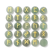 Brass Elder Futhark Alphabet Engraved Symbol Flat Round Natural Green Aventurine Rune Stones, for Chakras Balancing, Crystal Therapy, Meditation, Divination, 16.5~17.5x6~7mm, 25pcs/set(G-I373-01I)