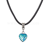Heart with Fish Scale Shape 304 Stainless Steel with Resin Pendant Necklaces, with Imitation Leather Cords, Deep Sky Blue, 17.52 inch(44.5cm)(NJEW-JN04571-03)