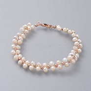 Beaded Bracelets, with Natural Pearl, Brass Beads, Cornsilk, Rose Gold, 7-1/2 inch(19cm), 9mm(BJEW-JB04750-02)