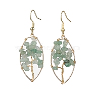 Natural Green Aventurine Chips Tree of Life Dangle Earrings, Real 18K Gold Plated Brass Wire Wrap Drop Earrings, 54.5x18mm(EJEW-JE05730-02)