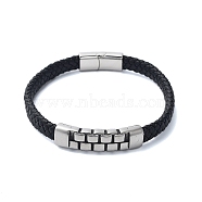 Men's Braided Black PU Leather Cord Bracelets, Grooved Rectangle 304 Stainless Steel Link Bracelets with Magnetic Clasps, Antique Silver, 8-1/2x3/8 inch(21.6x1.05cm)(BJEW-K243-68AS)