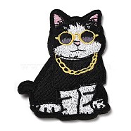 Cat with Necklace & Glasses Appliques, Computerized Embroidery Cloth Iron on/Sew on Patches, Costume Accessories, Black, 75.5x55.5x1.5mm(DIY-D080-18)