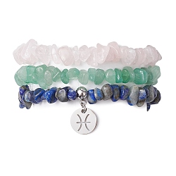 3Pcs 3 Styles Natural Green Aventurine & Rose Quartz & Lapis Lazuli Chips Stretch Bracelets Sets, Stackbale Bracelets with 304 Stainless Steel Charms, Pisces, Inner Diameter: 2-1/8 inch(5.5cm), 1Pc/style(BJEW-JB11076-02)