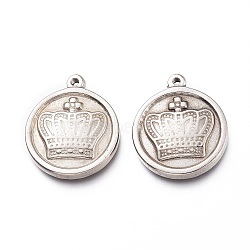 201 Stainless Steel Pendants, Flat Round with Crown, Stainless Steel Color, 21x18x3mm, Hole: 1.4mm(STAS-Z019-12P)