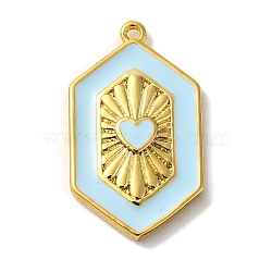 Rack Plating Brass Enamel Pendant, Cadmium Free & Lead Free, Long-Lasting Plated, Hexagon with Heart Charm, Real 18K Gold Plated, Light Sky Blue, 23x13.5x3.5mm, Hole: 1.2mm(KK-A229-31G-07)