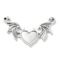 Alloy Cabochon Connector Settings, Heart with Wings, Antique Silver, Tray: 11.5x16mm, 35x53x2.5mm, Hole: 1.2mm(PALLOY-D027-05AS)